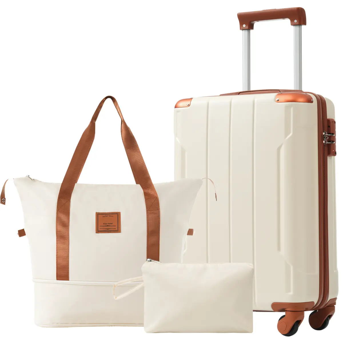 20 Inch Carry On Luggage Set 3 Piece with Spinner Wheels, Lightweight Hardshell ABS Suitcase for Weedend Getaways, Business Travel, White Brown storage pocket