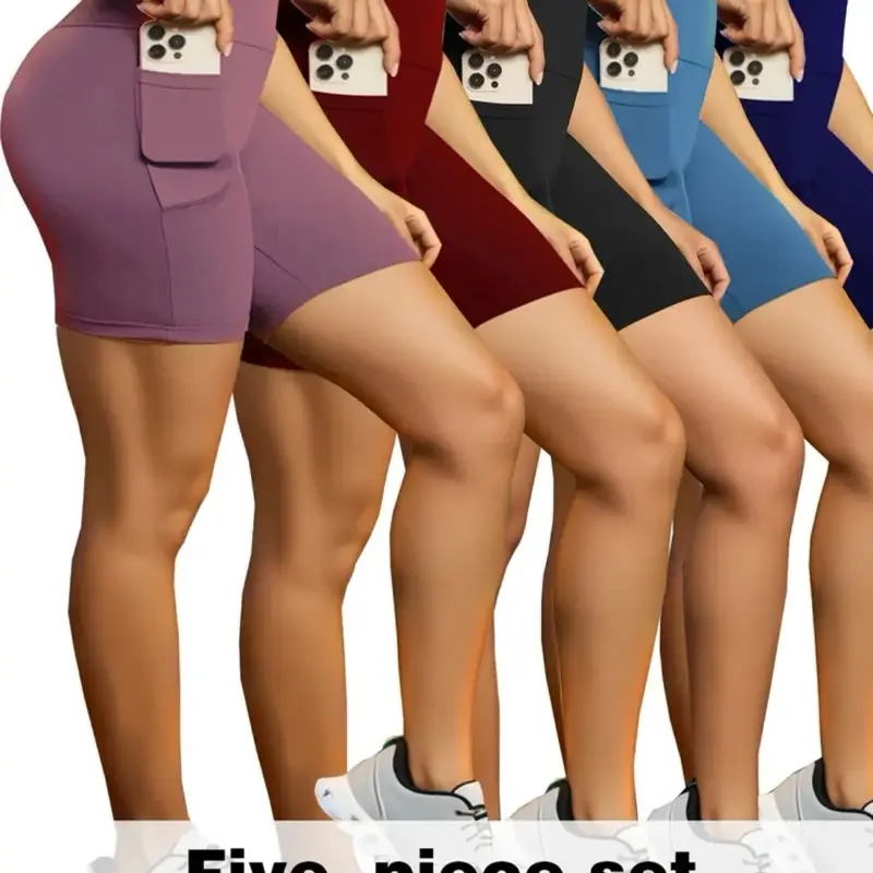 5-Pack Summer Quick-Drying Seamless High-Waisted Compression Yoga Shorts with Pockets for Running/Gym