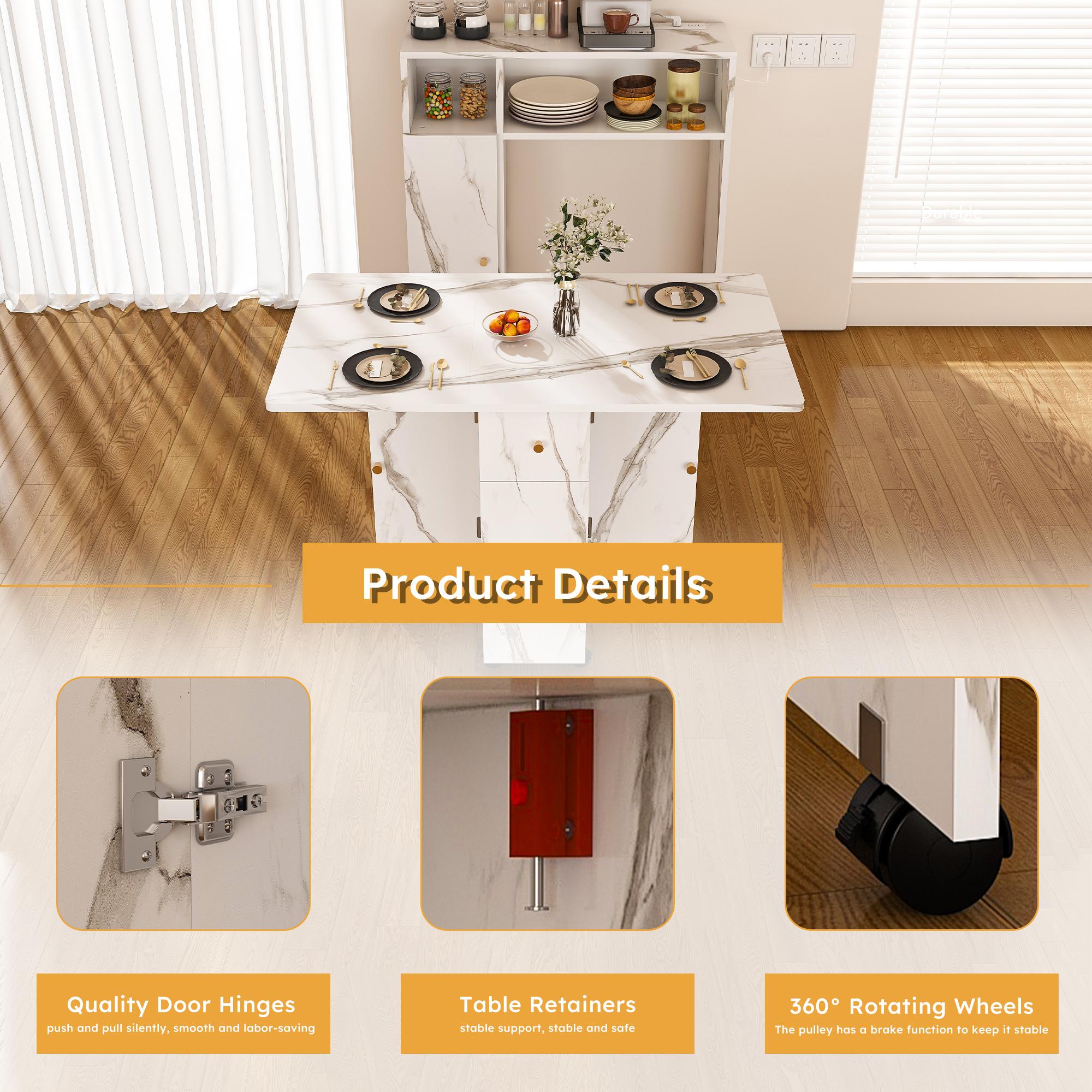 Multifunctional Folding Dining Table with Wall-Mounted Sideboard & Storage for Small Apartments - Space-Saving Foldable Desk & Table, White, 4-in-1 Power Outlet + USB, Silent Wheels, Locking Mechanism, Eco-Friendly, Apartment Essentials