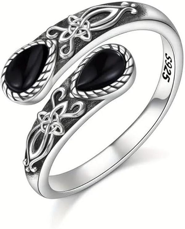 September Laurel Vintage Celtic Knot Black Onyx Ring, 925 Sterling Silver Open Ring, Retro Ornament Adjustable Band for Women, Ideal Gift for Mother’s Day & Birthdays Wedding Engagement Ring Wedding Rings