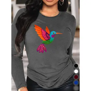 Women's Elegant Hummingbird Floral Print Long Sleeve T-Shirt - Lightweight, breathable, loose-fitting, round-neck top with an asymmetrical hem and vibrant multi-color design, machine washable, suitable for casual wear in spring, summer, and autumn, as wel