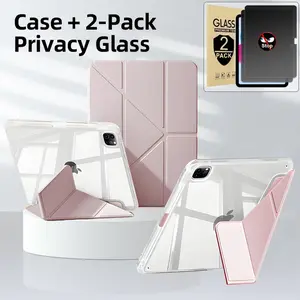 iPad Pro 11 Inch Case Cover, Leather Design, 2pcs Privacy Tempered Glass Protector, 9h Hardness Anti-Spy Anti-Fingerprint