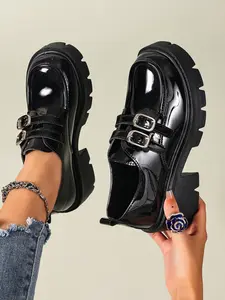 Women's Double Buckle Thick Sole Leather Shoes, Chunky Heel Anti-Slip Durable Loafers, Soft Comfortable Height-Boosting Casual Shoes