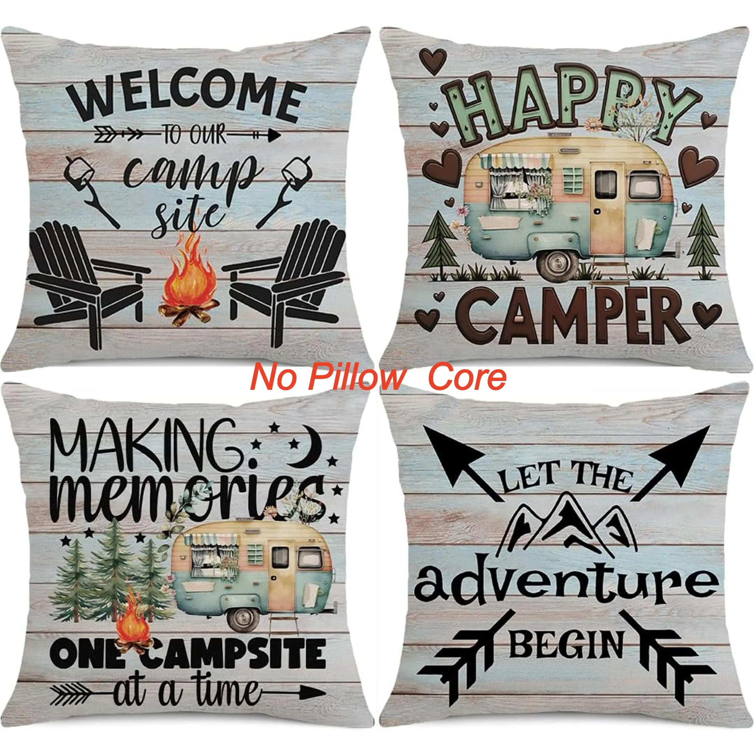 4pcs-Vintage Rustic Wood Camper Throw Pillow Covers - "Welcome to Our Camper Site," "Happy Camper," "Let the Adventure Begin" , Outdoor Decorative Cushion Covers for Camper Home, Cushion Slipcovers, Camping Accessories, Vintage Camper Decor, Single-side