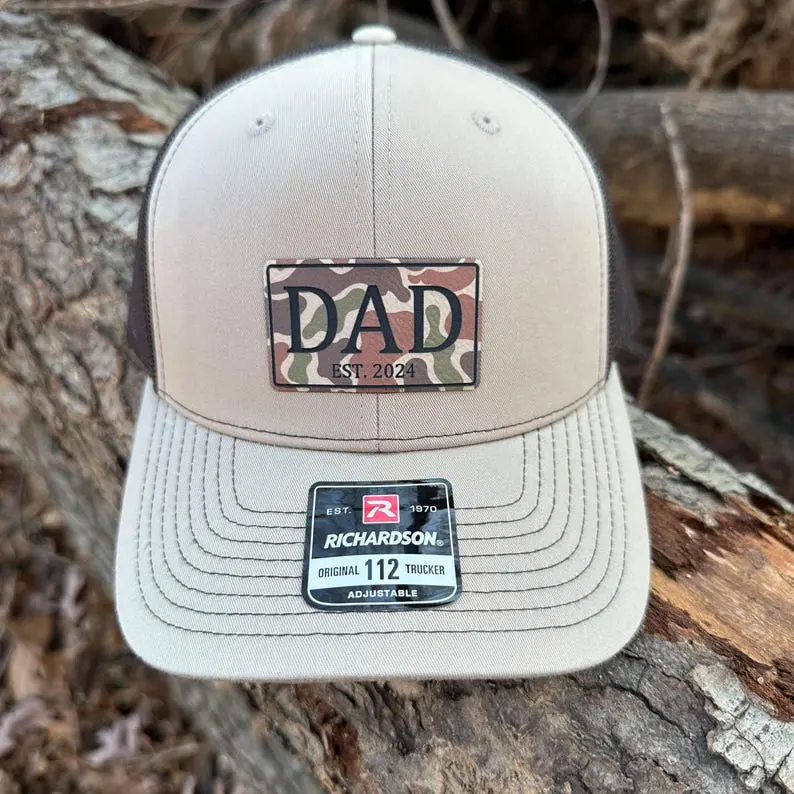 Custom Dad Trucker Hat, Dad Christmas Gift, New Dad Gift, Gift For Husband, Trucker Hat, Grandpa Leatherette Patch Hat, Outdoors, Camo