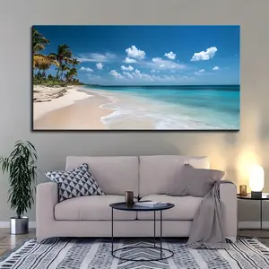 1.2inch Thick Pine Solid Wood Frame, Seascape Wall Art, Tropical Paradise Beach, White Sand Beach and Coconut Tree Canvas Wall Art, Summer Beach Nature Picture, Living Room, Bedroom, Home and Office Wall Decoration