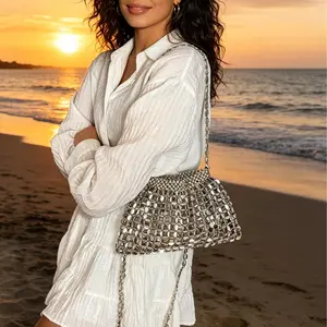 Women's Retro Metallic Silver Underarm Bag - Hand-Woven Beaded Chain Gym Shoulder Bag for Work, Commuting