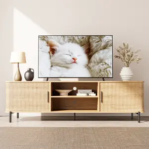 Fluted TV Stand & Storage Cabinet, Sliding Tambour Doors, Open Shelves, Modern Media Console for Living Room, Bedroom & Kitchen
