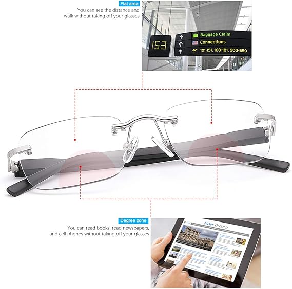 Auto-Adjusting HD Reading Glasses-Spring Hinge Rimless Sunglasses Computer Anti Blue Light UV Ray Filter Eyeglasses