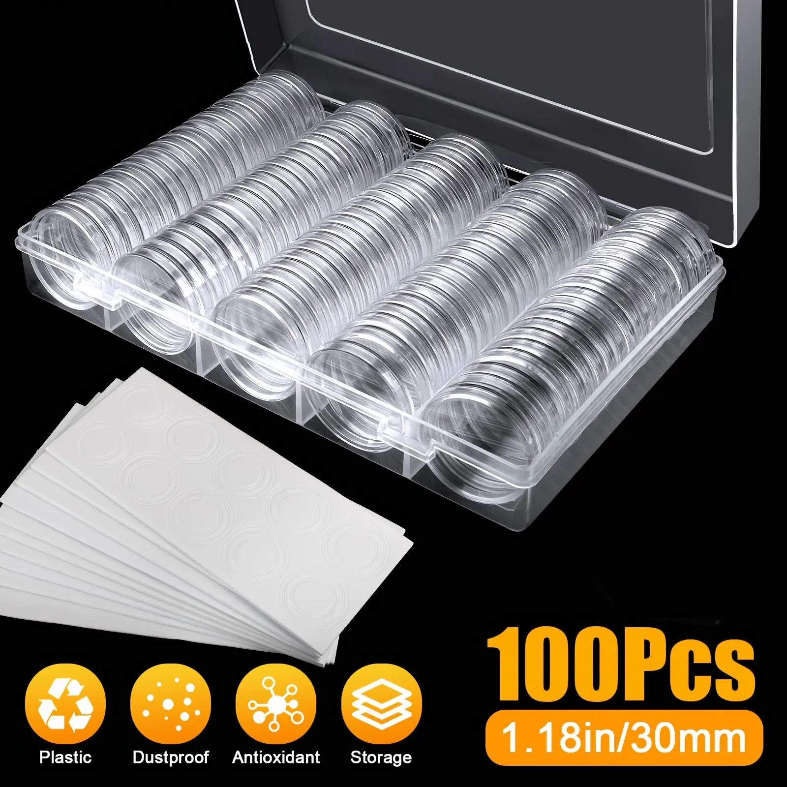 100pcs/box 30mm Coin Capsules with White Protect Gasket And Plastic Storage Organizer Box for Coin Collection Supplies, Clear And Round Plastic Capsules, Fits 17/20/25/27/30mm Size Coins