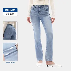 [NEW COLLECTION] High Waisted Straight Denim Jeans Stylish Distressed Frayed Edge Design Womenswear Bottom Pants