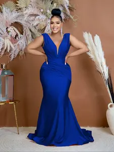 Women's Plain  V Neck   Evening Dress, Elegant Sleeveless Evening Party Gown, Ladies Summer Clothes