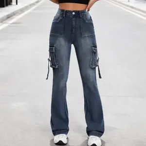 Odefou Women Flare Leg Jeans with Flap Pockets Fall Winter Streetwear Denim Pants Trending Y2K Holiday Outfit Christmas New Year Fashion Womenswear