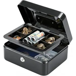 Medium Cash Box with Removable Money Tray, Key Lock Metal Storage Box with 2 Keys & Portable Handle, Safe Cash Drawer, 7.87"x 6.30"x 3.54", Black