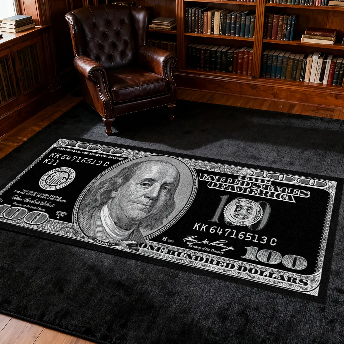 Black dollar rug, Floor rug, 1 Count classic dollar bill pattern carpet, soft velvet area rug, Decorative Rug, Black $100 Dollar money pattern design, home decor, suitable for bedroom, hallway, living room and other scenes, Multiple sizes