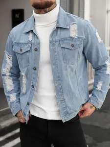 Men's washed and ripped denim jacket for autumn and winter, a double-pocketed regular casual distressed street-style spring jacket, an essential men's denim jacket suitable for daily casual outfits and creating a classic American casual look 🔥