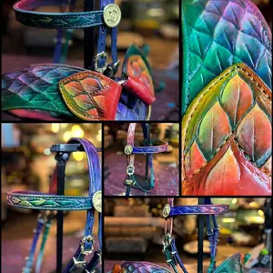 Rainbow Dragon Tack Set - Horse Sized with Vibrant Iridescent Scales and Gold Accents