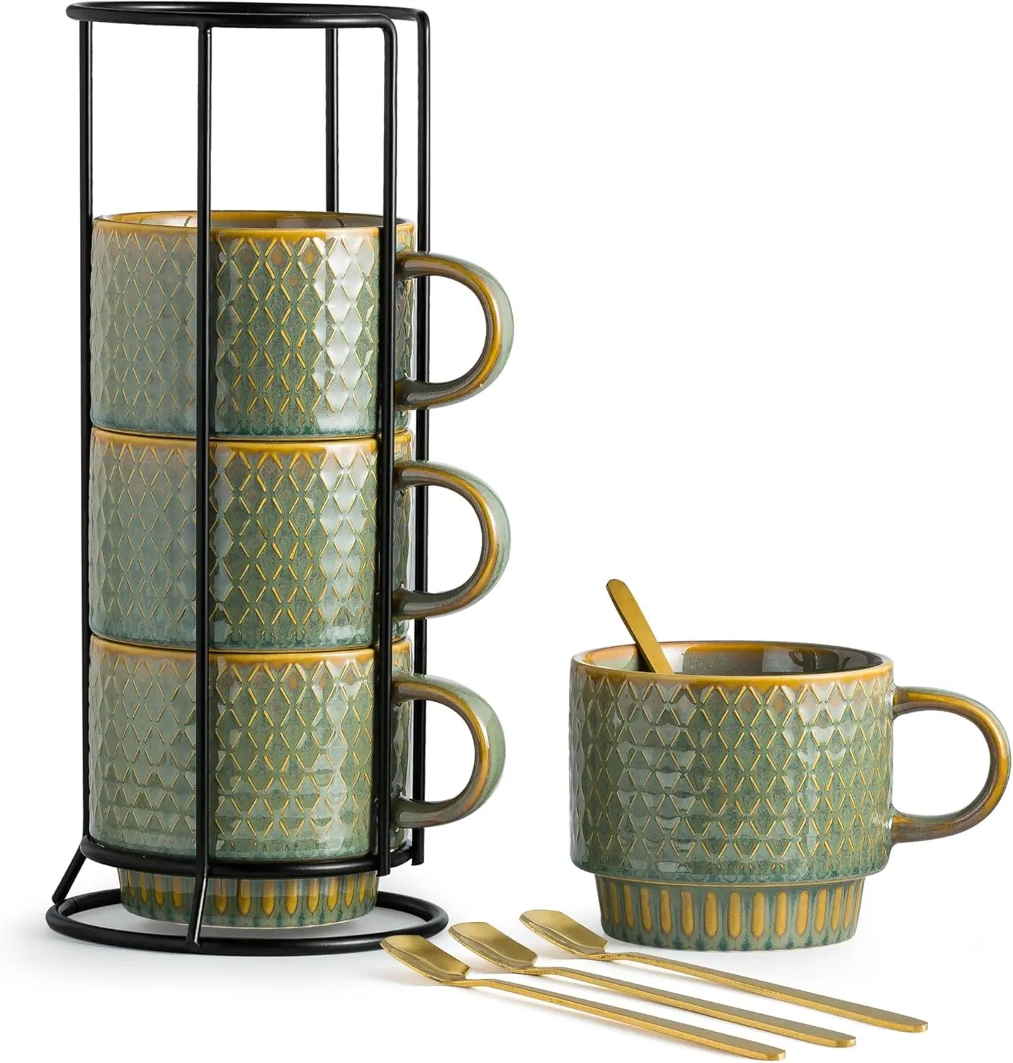 Set of 4 Stackable 13 Oz Ceramic Coffee Mugs with Rack Stand and Spoons, Blue and Green for Home & Kitchen