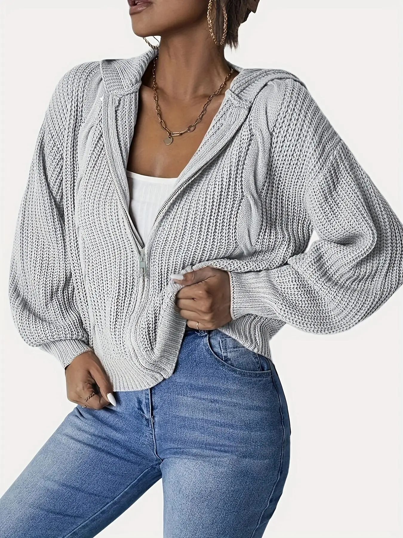 Women's Plain Zip Up Hooded Cardigan, Casual Long Sleeve Cable Knitting Outerwear, Cardigan for Women, Clothes for Women, Trendy Clothes, Oversize