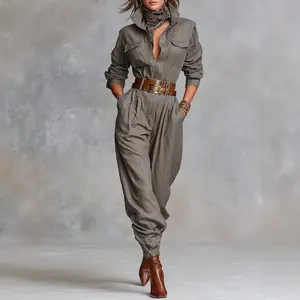 2025 New Women's Long-sleeved Lapel Single-breasted Multi-button Foot Jumpsuit
