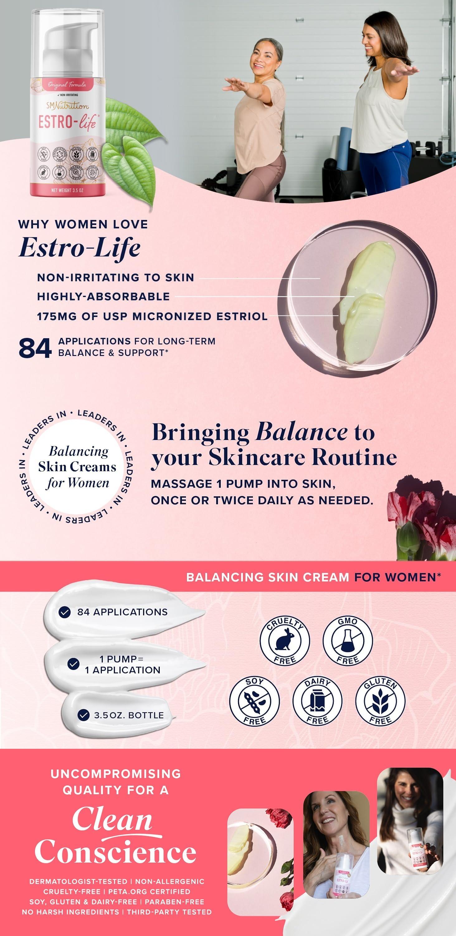 SM Nutrition Original Estro-Life Balancing Skin Cream for Women | Cosmetic Skin Cream with 175mg of Estriol per Container with Vitamin A | Soy-Free, Cruelty-Free, and Non-GMO | 84 Applications, 3.5oz Pump