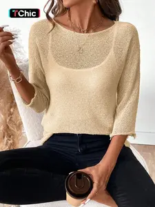 Summer Lightweight Breathable Women's Boat Neck 3/4 Sleeve Plain Casual Loose Comfort Knit Sweater, Fitted Style, No Ca Prop 65