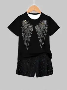 Kids Rhinestone Angel Wings Starry Sky Short Sleeve Shorts Set