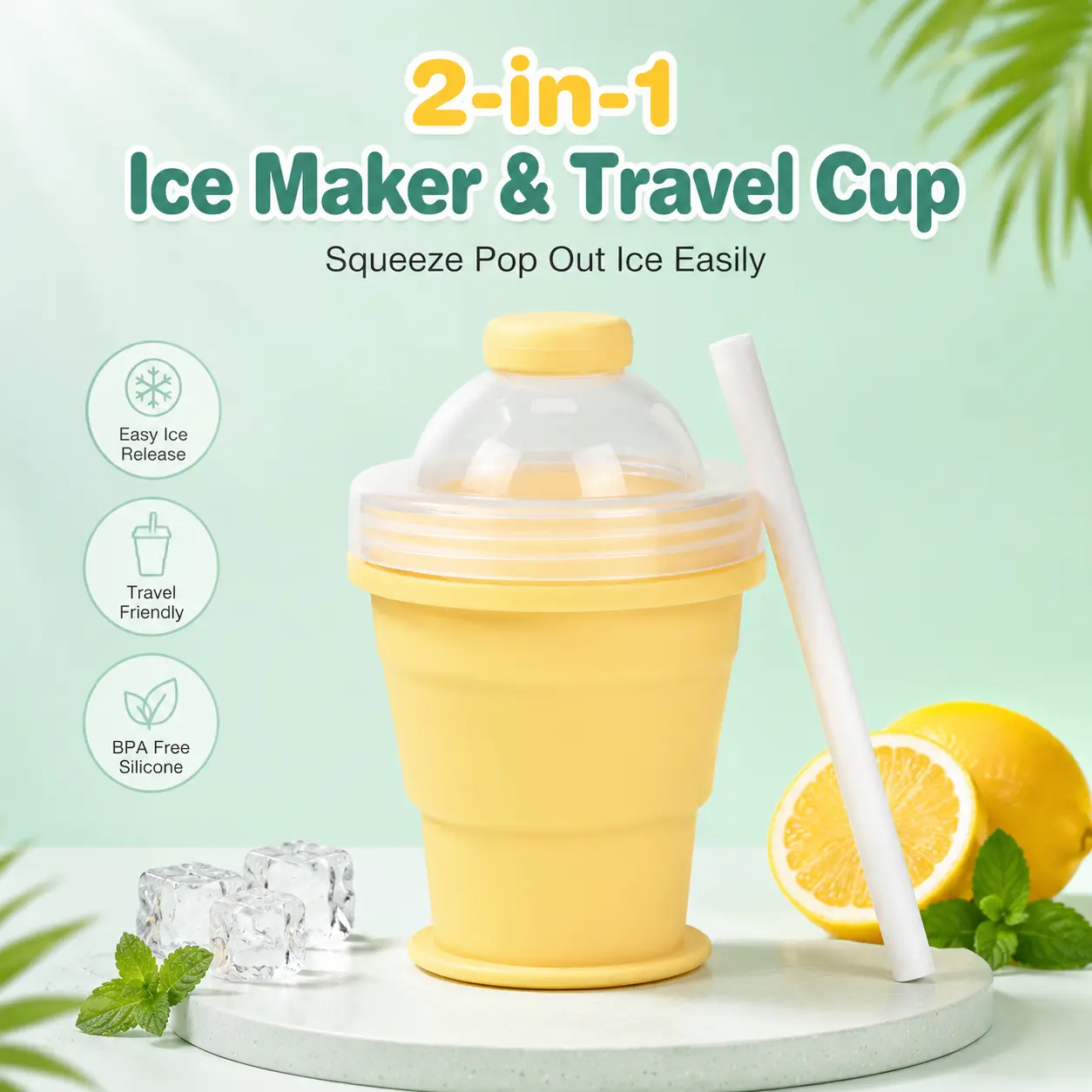 Reusable Foldable Silicone Water Cup - Transparent Gradient Mug with Lid, Ice Ball Mold, Straw, Portable Tumbler - Collapsible Washable Drinkware for Iced Coffee - 3-Color Kitchen Gadget