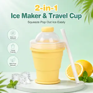 Reusable Foldable Silicone Water Cup - Transparent Gradient Mug with Lid, Ice Ball Mold, Straw, Portable Tumbler - Collapsible Washable Drinkware for Iced Coffee - 3-Color Kitchen Gadget