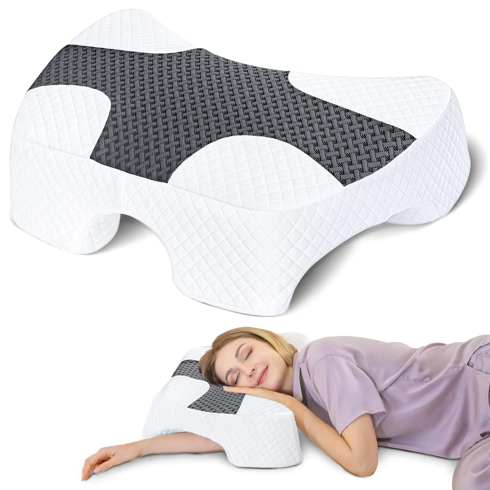 Side Sleeper Memory Foam Pillow with Arm Hole for Neck and Shoulder, Multi-Angle Armholes Cuddle Pillow for Many Sleeping Positions-Grey