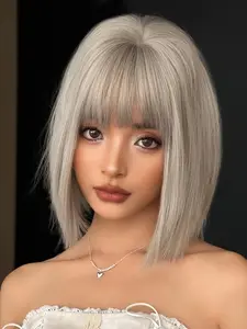 Elegant 12-Inch Bob Wig for Women, High-Light Short Straight Hair, Synthetic Fiber, Daily Use, Holiday Prep, Party Decorations, Synthetic Material Wigs