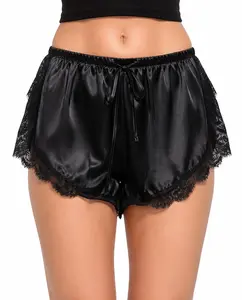 Women's Black Satin Lace Trim Lounge Shorts – Soft Drawstring Sleep Shorts
