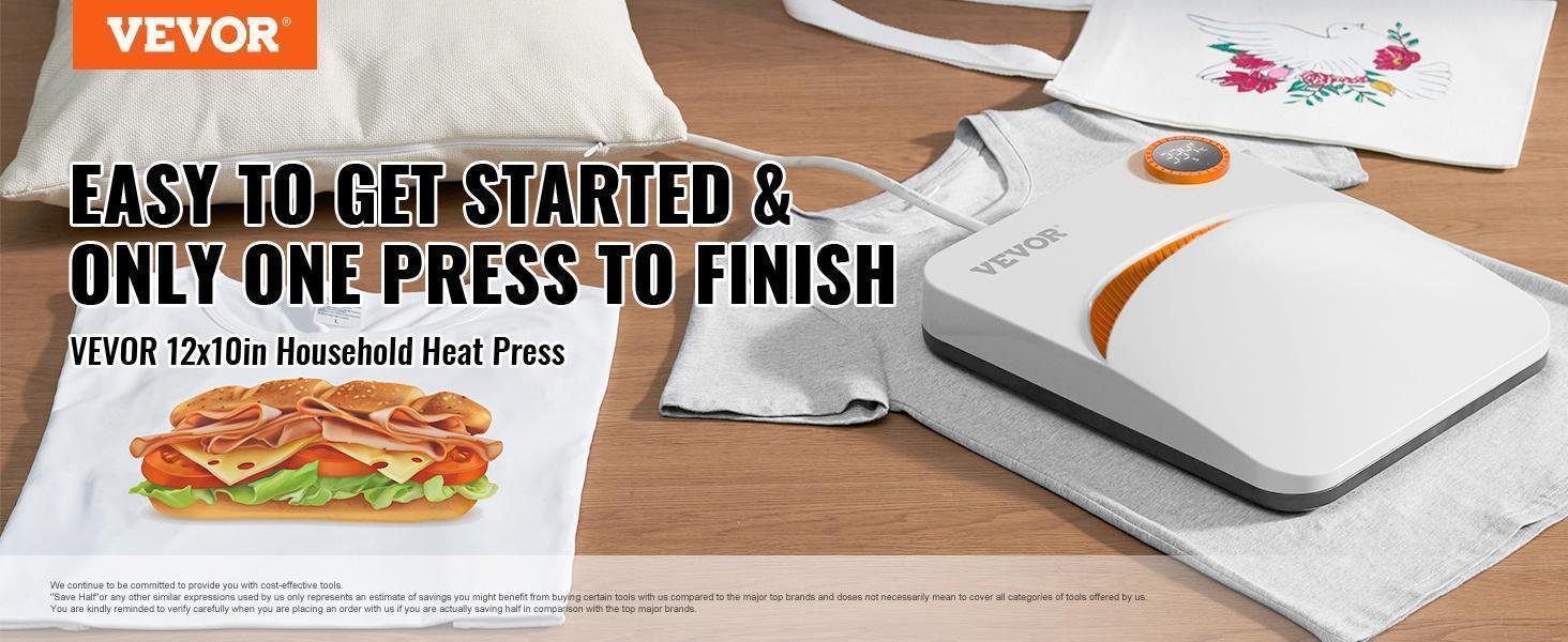 VEVOR Heat Press Machine, TikTokShopBlackFriday, 10x12inches Portable Shirt Printing Multifunctional Sublimation Transfer Heat Press Machine Teflon Coated, Easy Iron-on Press for T-shirts/Bags/HTV/Pillows Vinyl Projects