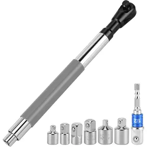 1/ 2inch Offset Extended Wrench Impact Force - Strong Torque Output Steel Wrench Extender with 6 Sockets and 1 Adapter Rod for Narrow Spaces (Gray 1)
