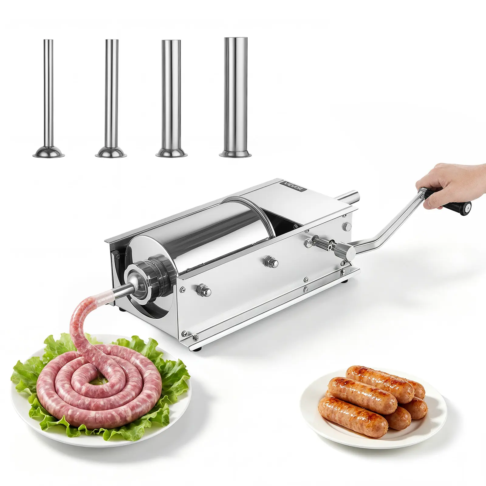 VEVOR Manual Sausage Stuffer 7 lbs/ 3L Horizontal Meat Maker Stainless Steel, for Home Camping Outdoor Grill BBQ, Dual-Speed Meat Stuffer, Professional Heavy Duty Sausage Filler Kit, 4 Filling Tubes