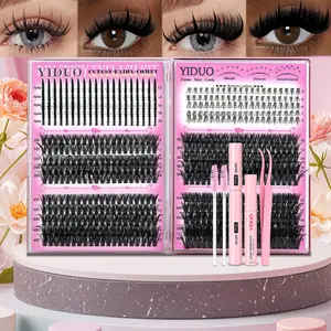 YIDUO Eyelash Extension Kit 50D 60D 80D 100D & Spikes DIY Eyelash Clusters Family & & Bottom Eyelash Clusters Family 600Pcs 5-18mm C D-Curl Individual Lash Extensions with Lash Bond and Seal, Lash Remover, Eyelash Tweezers, Eyelash Brush