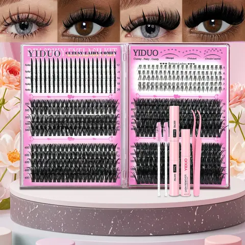 YIDUO Kit, False Eyelash Kit, Eyelashes Makeup Set, 50D 60D 80D & Spikes DIY Eyelash Clusters Family & Bottom 600Pcs 5-18mm C D-Curl Individual Lash Extensions with Lash Bond and Seal, Lash Remover, Eyelash Tweezers, Eyelash Brush