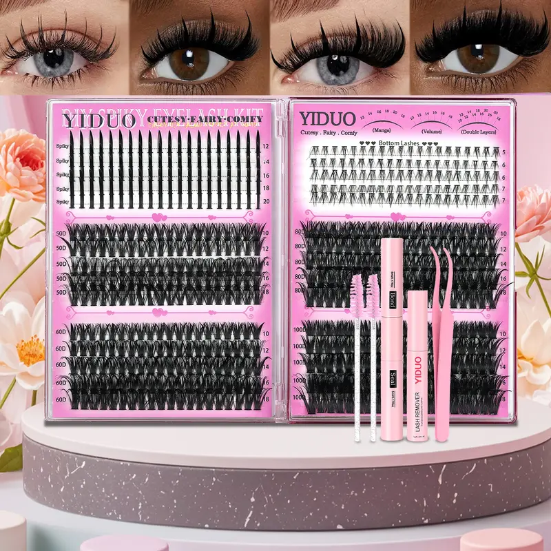 YIDUO Kit, False Eyelash Kit, Eyelashes Makeup Set, 50D 60D 80D & Spikes DIY Eyelash Clusters Family & Bottom 600Pcs 5-18mm C D-Curl Individual Lash Extensions with Lash Bond and Seal, Lash Remover, Eyelash Tweezers, Eyelash Brush