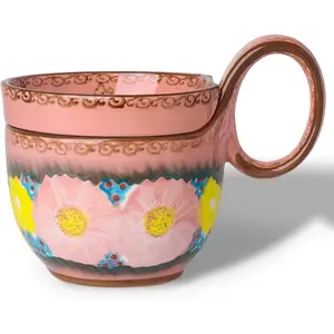 Loop Handle Soup Bowl with  Lid, 13 oz Ceramic Cereal Bowl, Floral Design Soup Mug for Coffee, Oatmeal, , Dishwasher & Microwave Safe (Glazed )