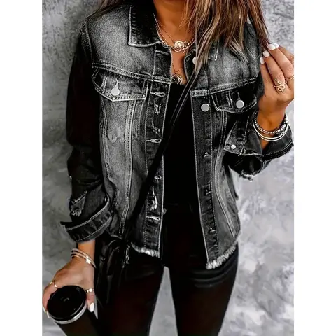 Women's Plus Size Black Ripped Denim Jacket - Oversized 2XL Casual Long Sleeve Button-Up, Flap Pockets, Lightweight Mid-Length Street Outerwear, Non-Stretch Edgy Spring/Fall Coat