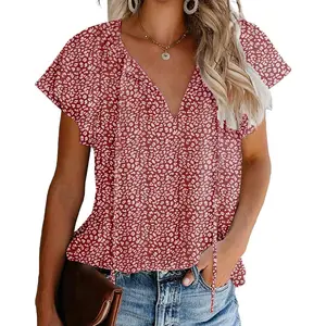 Women's Casual Floral Ruffle Short Sleeve Tops Cute Boho V Neck Loose Blouses Summer Fall Shirts mms women