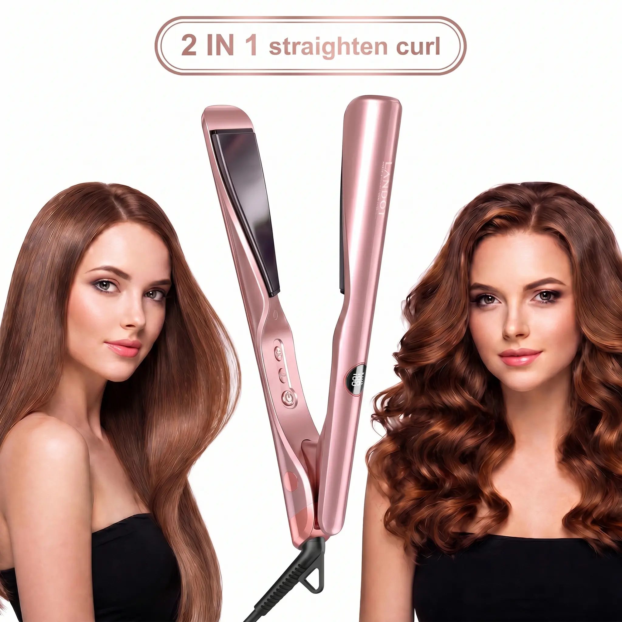 LANDOT 2-in-1 Ceramic Twist Iron Hair Styling Tools - Dual Voltage Straightener & Curler, Anti-Frizz Ionic, 12 Temps (250-450°F), All Hair Types, 30s Fast Heat-Up, Smooth Glide Floating Plates, Gift