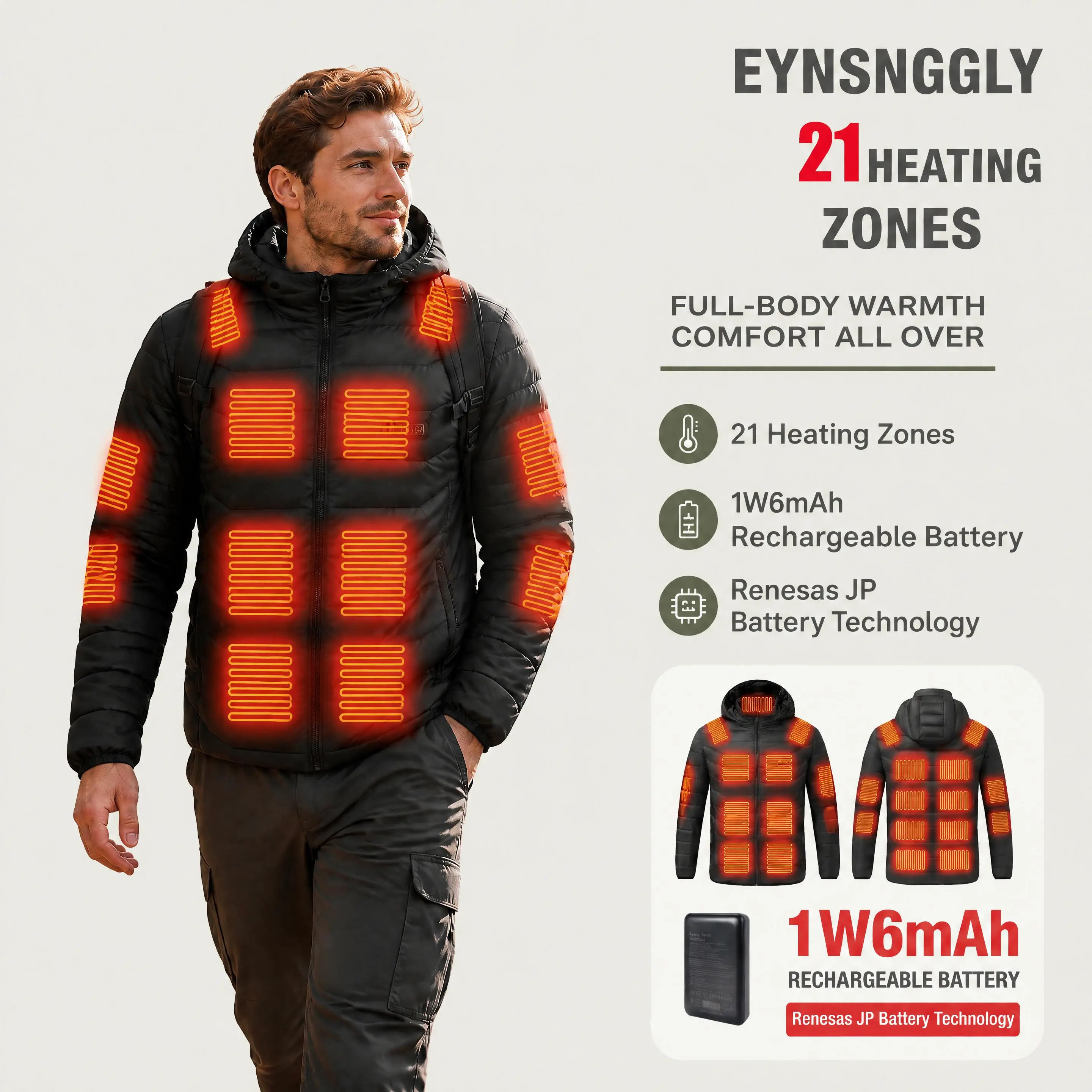 EYNSNGGLY Unisex 2026 Upgraded Heated Hooded Outerwear, 16000mAh Rechargeable Battery Pack Included, 4-Zone Independent & 21 Total Heating Zones, Waterproof Comfortable Winter Coat for Skiing, Hunting