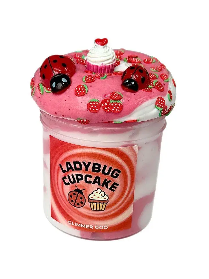 Ladybug Cupcake - Bright Red-White Swirled Butter Slime with Strawberry & Cupcake Scented | Ladybug and Cupcake Charms