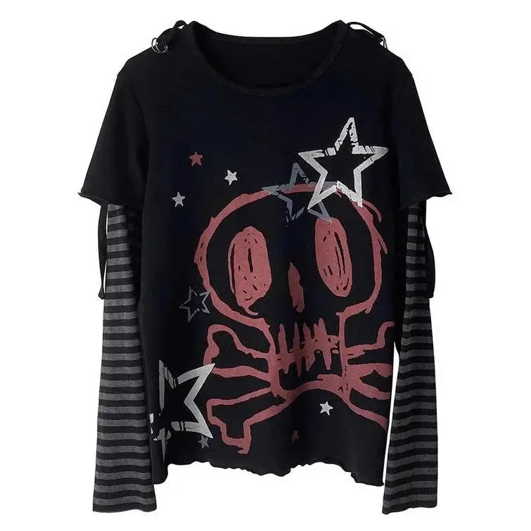 Grunge Skull Star Graphic Fake Two‑Piece Long Sleeve Top Striped Sleeve Cut‑Out Shoulder Goth Blouse