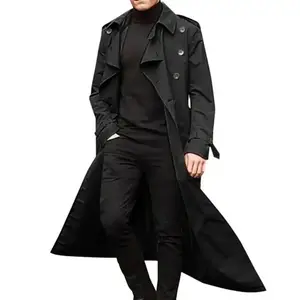 Men's overcoat, retro long trench coat, men's double-breasted jacket, black long, solid, windproof outerwear.