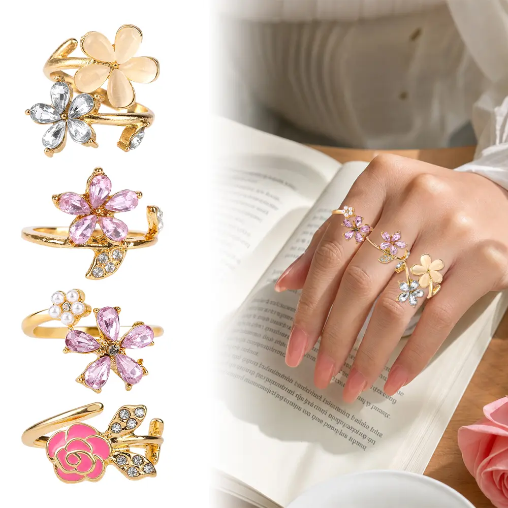 4PCS Elegant Vintage Rhinestone-Floral Ring Set,Rose Flower Metal Open-End Stackable Jewelry Set, Suitable for Women's Vacation Banquets,Valentine's Day Gift for Friends