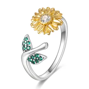 MULA Women's Sunflower Open Ring, S925 Silver-plated and Gold Plated Adjustable Flower Ring, Set with Cubic Zirconia, Naturally Inspired Leaf Band, is the perfect gift for girls and women.