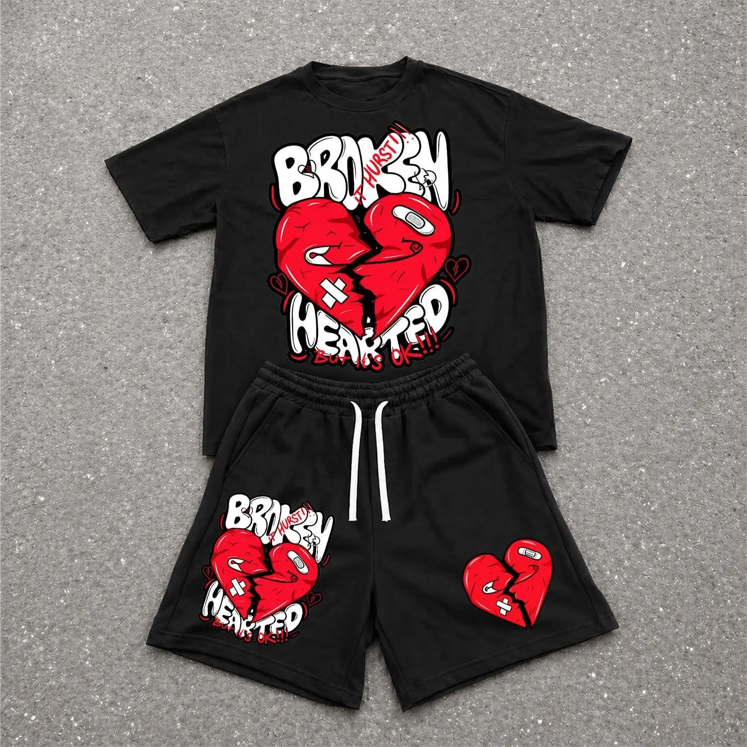 Men’s Summer 2 Piece Set, Steel Compassion Hiphop Street Style Letter Print Short Sleeve T Shirt and Drawstring Shorts Matching Outfit, Lightweight Breathable Casual Set for Travel, Streetwear, Beach, Vacation, and Daily Wear