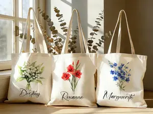 [Add Name] Birth Flower Tote Bag for Woman, Personalized Canvas Tote Bag for Her, Bachelorette Bridesmaid Gifts, Custom Birth Month Flower Gift for Her